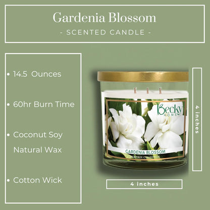 Becky Home Gardenia Blossom 3 Wick Candle, 14.5oz, Large, Traditional, White, Glass Jar, 4" H x 4" D, 60+ Hour Burn Time, Indoor Use, 1 Count