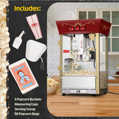 Matinee Popcorn Machine with Cart - 8oz Popper with Stainless-Steel Kettle, Warming Light, and Accessories by Great Northern Popcorn (Red)