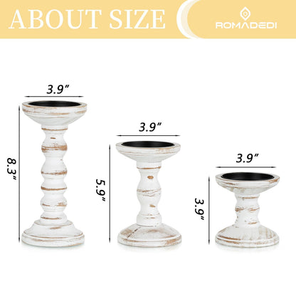 Romadedi Wood Candle Holders for Pillar Candles - Set of 3 Tall Farmhouse Wooden Candlestick Holder, Rustic Candle Stand for Fireplace Mantle Shelf Table Home Decor, Brown Whitewashed 3.9"/6"/ 8.3"