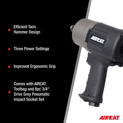 AIRCAT Pneumatic Tools 1770-XLK: 3/4-Inch Impact Wrench Kit with Refined Design Twin Hammer 1,600 ft-lbs
