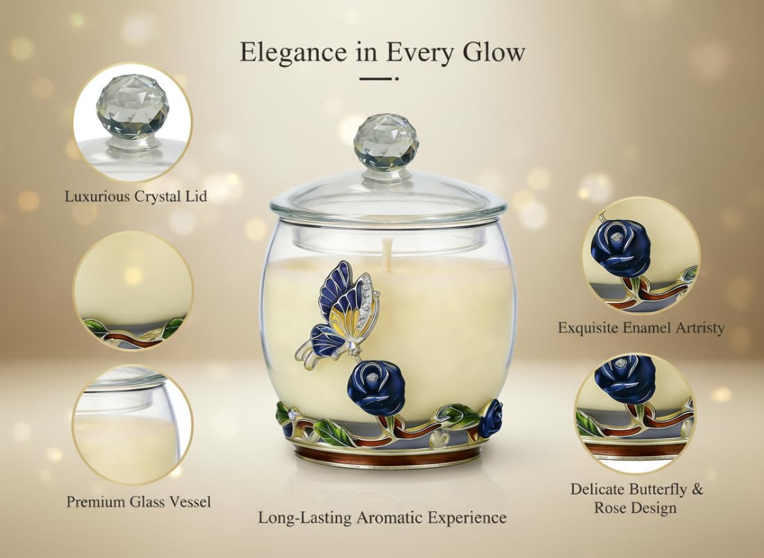 Scented Candles Gifts for Women - Enamel Butterfly & Blue Rose Decorative Glass Jar with Faceted Crystal Lid, Special Candle for Friend Mom Sister Friend, Unique Birthday Mother's Day Christmas Gift