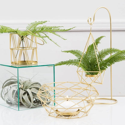 WEDDINGSTAR Large Gold Geometric Hanging Tealight Holder Set of 2
