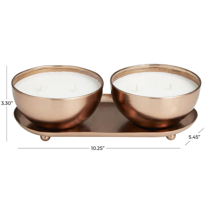 Deco 79 Metal Tropical Breeze Scented Double 12 oz 2 Wick Candle with White Wax and Tray, Set of 2 10" W, 3" H, Copper