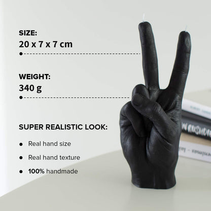 CandleHand Hand Gesture Candle Peace Sign - Big Real Hand Size 6.7 x 4.3 x 2.4 inches - Handmade Winner Statue - Birthday, Office, Housewarming Gift (Black)