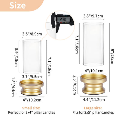 NUPTIO Hurricane Candle Holder Gold: Pillar Candle Holders with Clear Glass Sleeve - Set of 2 Decorative Brass Metal Pillars Stand for Dining Table Centerpiece Shelf Fireplace Mantel Decor