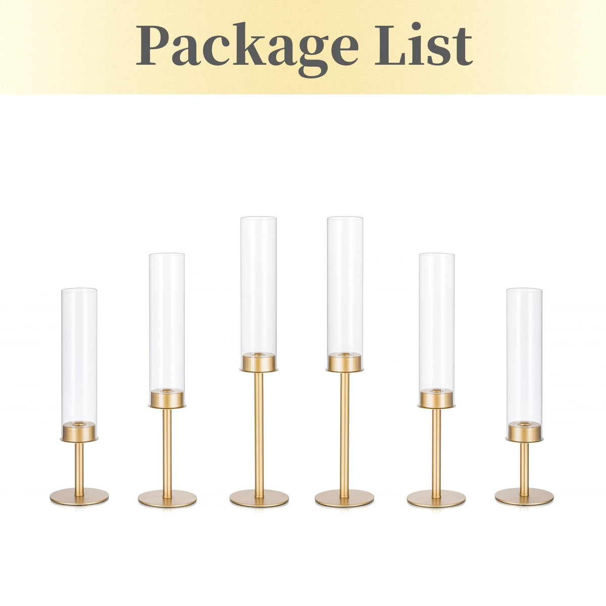 Hewory Gold Candle Holders - 6Pcs Brass Hurricane Candlestick Holders with Glass Candle Cover for Wedding Table Centerpiece Christmas Decor
