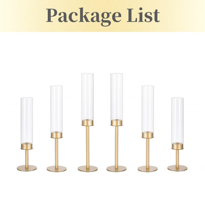 Hewory Gold Candle Holders - 6Pcs Brass Hurricane Candlestick Holders with Glass Candle Cover for Wedding Table Centerpiece Christmas Decor