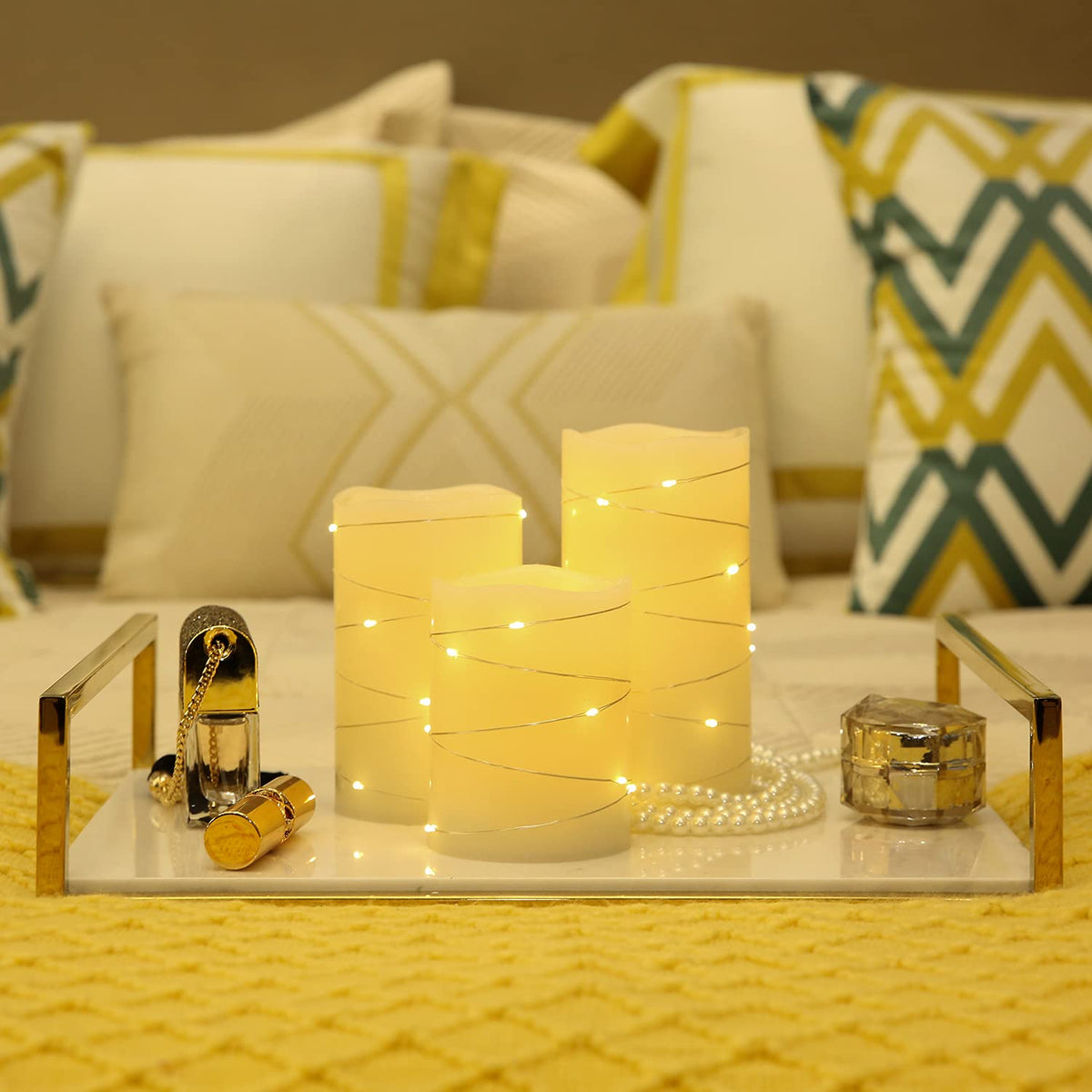 H-BLOSSOM Flickering Flameless Candles Ivory Real Wax Pillar with Embedded String Lights LED Candles Battery Operated with Cycling 5H Timer Set of 3 (3" x 4"/5"/6") (Ivory)