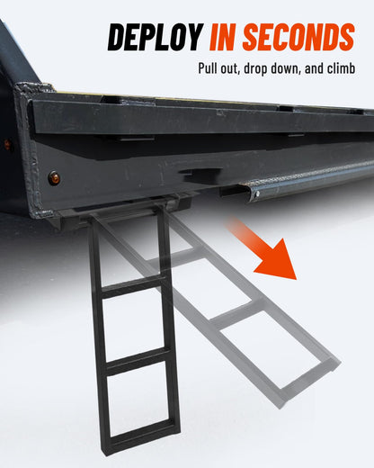 Turnirace 3-Rung Retractable Truck Bed Ladder - Heavy Duty Steel Truck Bed Step for Flatbeds, Dump Trucks & Trailers - Black Powder Coated, 32.5-Inch Extension, Bolt/Weld-On