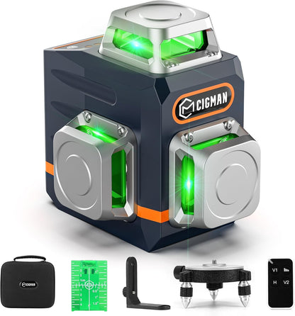 CIGMAN Laser Level Self Leveling 3x360° 3D Green Cross Line for Construction and Picture Hanging, Rechargeable battery, Remote Controller, Magnetic Rotating Stand Included