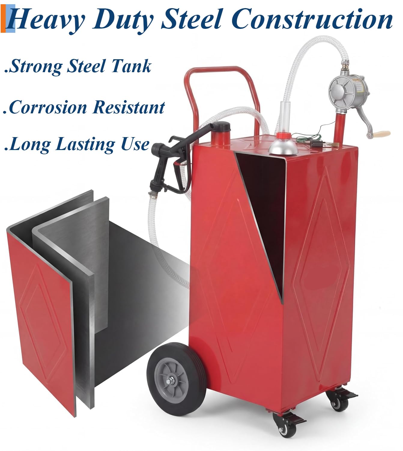 Upgrade 30-Gallon Portable Fuel Transfer Tank with Manual Pump, Heavy-Duty Gasoline & Diesel Caddy on 4 Wheels, Mobile Fuel Storage Container for Cars, Trucks, Boats, Lawn Mowers & Farm Equipment, Red