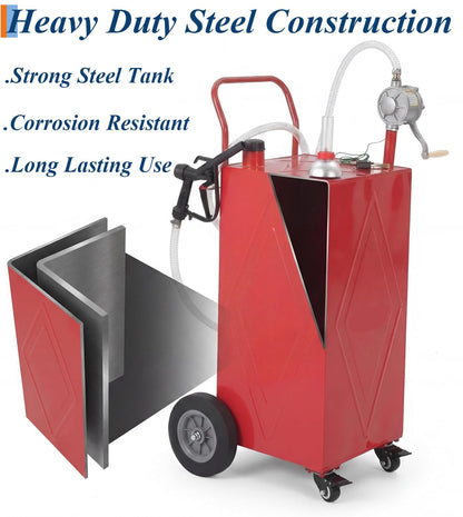 Upgrade 30-Gallon Portable Fuel Transfer Tank with Manual Pump, Heavy-Duty Gasoline & Diesel Caddy on 4 Wheels, Mobile Fuel Storage Container for Cars, Trucks, Boats, Lawn Mowers & Farm Equipment, Red