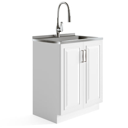 SIMPLIHOME Darwin All-in-One 28 inch Wide Utility Sink and Laundry Cabinet in Pure White Finish, Transitional Stainless Steel Sink Cabinet for Laundry Rooms with High-Arch Pull-Out Faucet and Storage