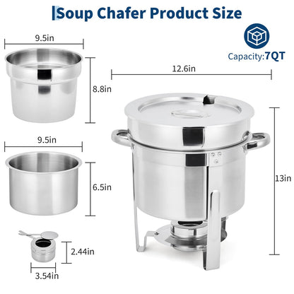 Commercial 7QT Soup Chafer Set, 4 Pack Stainless Steel Round Food Warmers Set with Pot, Notched Lids & Fuel Containers, Soup Warmers Ideal for Buffet Service & Event Catering