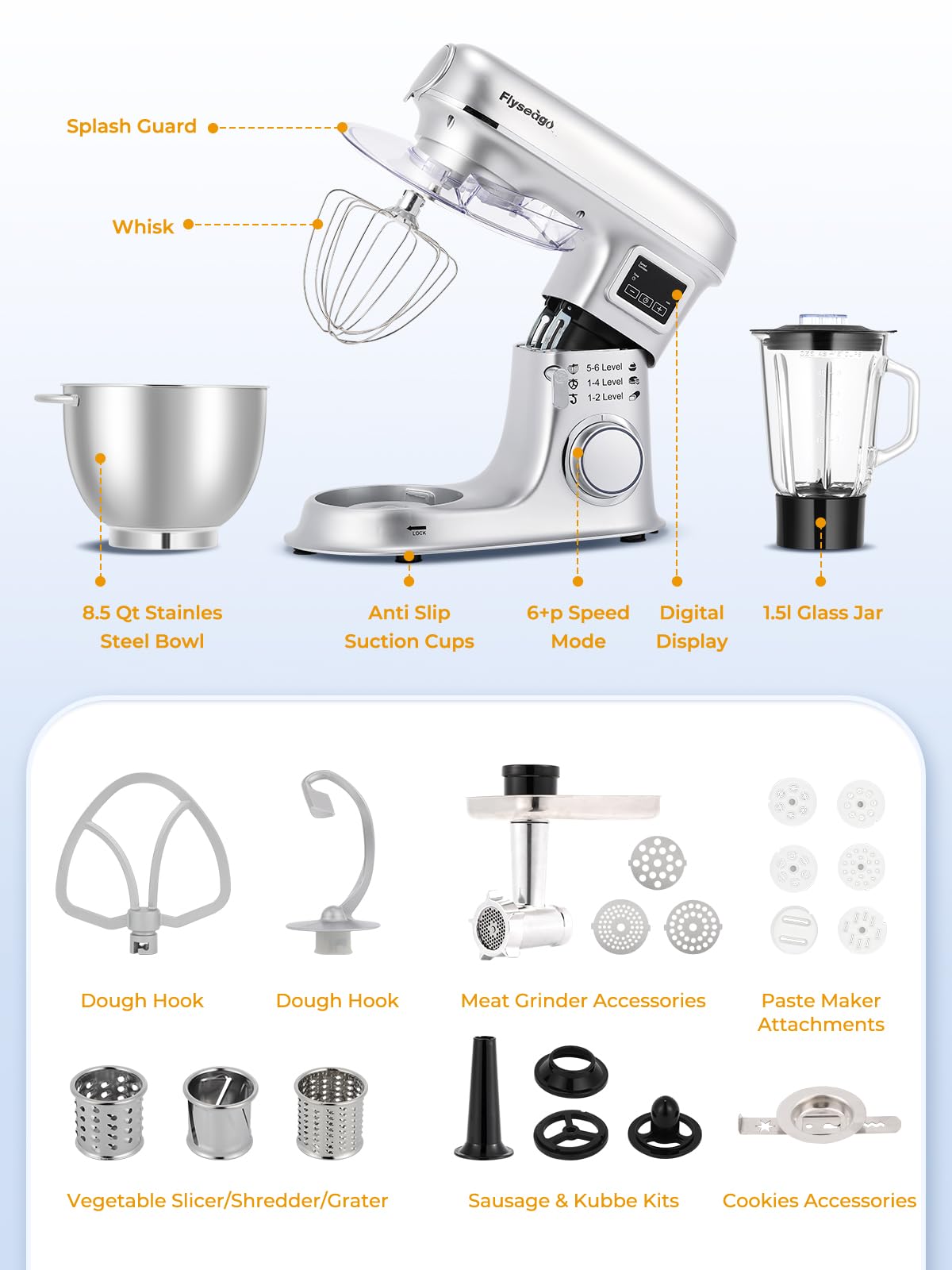 Flyseago Stand Mixer 8-IN-1 8.5 Qt 2000W Multifunctional Fermentation Electric Kitchen Mixer 6 Speed Tilt-Head with Stainless Steel Bowl, 1.5L Glass Jar Meat Grinder Dough Hook Whisk Pasta Attachment