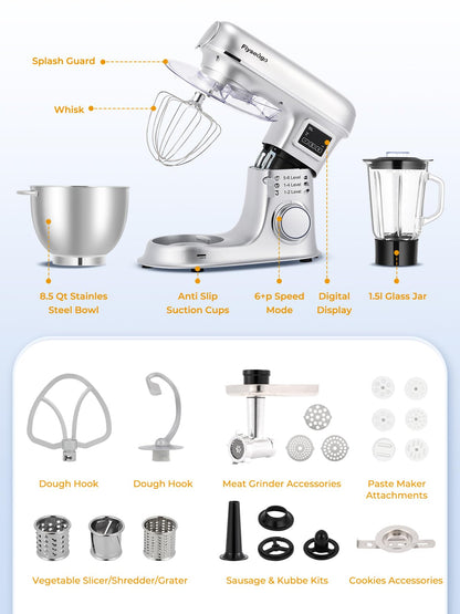 Flyseago Stand Mixer 8-IN-1 8.5 Qt 2000W Multifunctional Fermentation Electric Kitchen Mixer 6 Speed Tilt-Head with Stainless Steel Bowl, 1.5L Glass Jar Meat Grinder Dough Hook Whisk Pasta Attachment