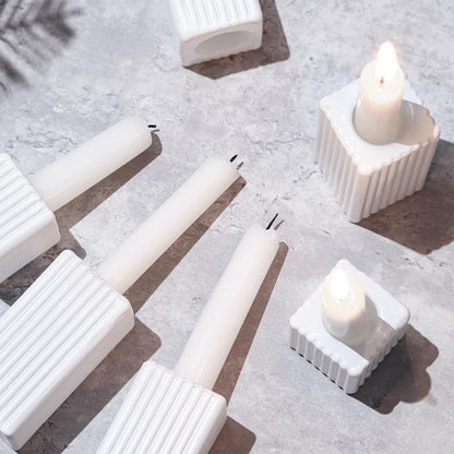 LETINE 12pcs White Vertical Stripe Glass Candlestick Holders - Chic Taper Candle Sticks Holder Set for Elegant Dining & Home Decor - Ideal for Wedding Centerpieces, Parties, and Celebrations