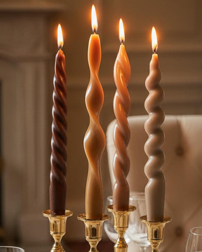 Brown Short Taper Candle Stick Spiral Taper Candle for Wedding Party Fall Decoration Home Dinner Decoration Unscented Candles,7.6inch,4 Pack