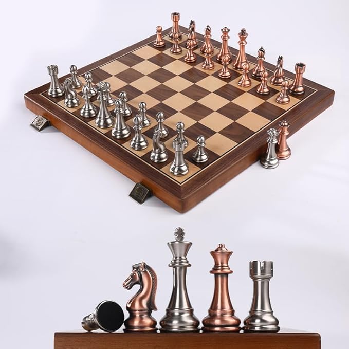 15 Inch Walnut Chess Board Set for Adults Kids Metal Chess Folding Portable Travel Chess Game for Tournament Professional Beginner with Manual