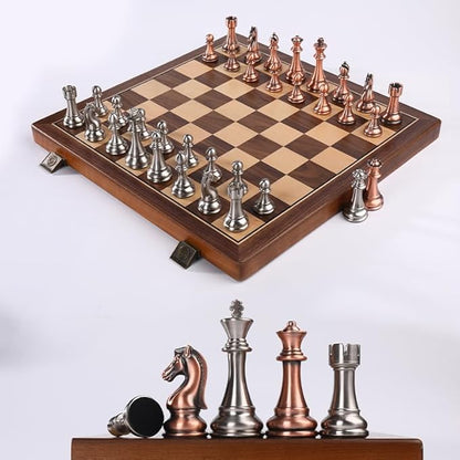 15 Inch Walnut Chess Board Set for Adults Kids Metal Chess Folding Portable Travel Chess Game for Tournament Professional Beginner with Manual