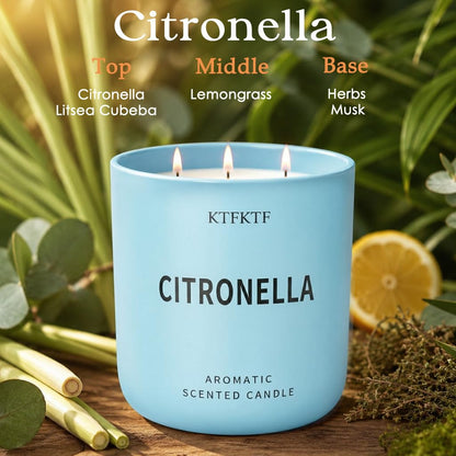 KTFKTF Citronella Candles Outdoor - 14.1oz Large 3 Wick Jar Candle with 80 Hour Burn, Natural Soy Wax, Non-Toxic Outdoor Candle for Patio, Camping, Backyard & Home