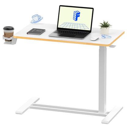FLEXISPOT H7 Adjustable Overbed Bedside Table with Wheels Pneumatic Mobile Standing Laptop Desk Rolling Computer Cart Movable Overbed Table Hospital Home Use (31.5" W x 17.7" D, White Maple Large)