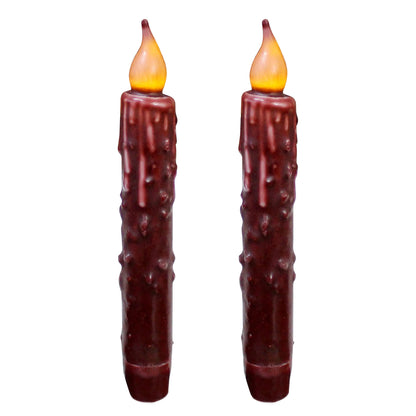 CVHOMEDECO. Real Wax Hand Dipped Battery Operated LED Timer Taper Candles Country Primitive Flameless Lights Décor, 6-3/4 Inch, Burgundy, 2 PCS in a Package