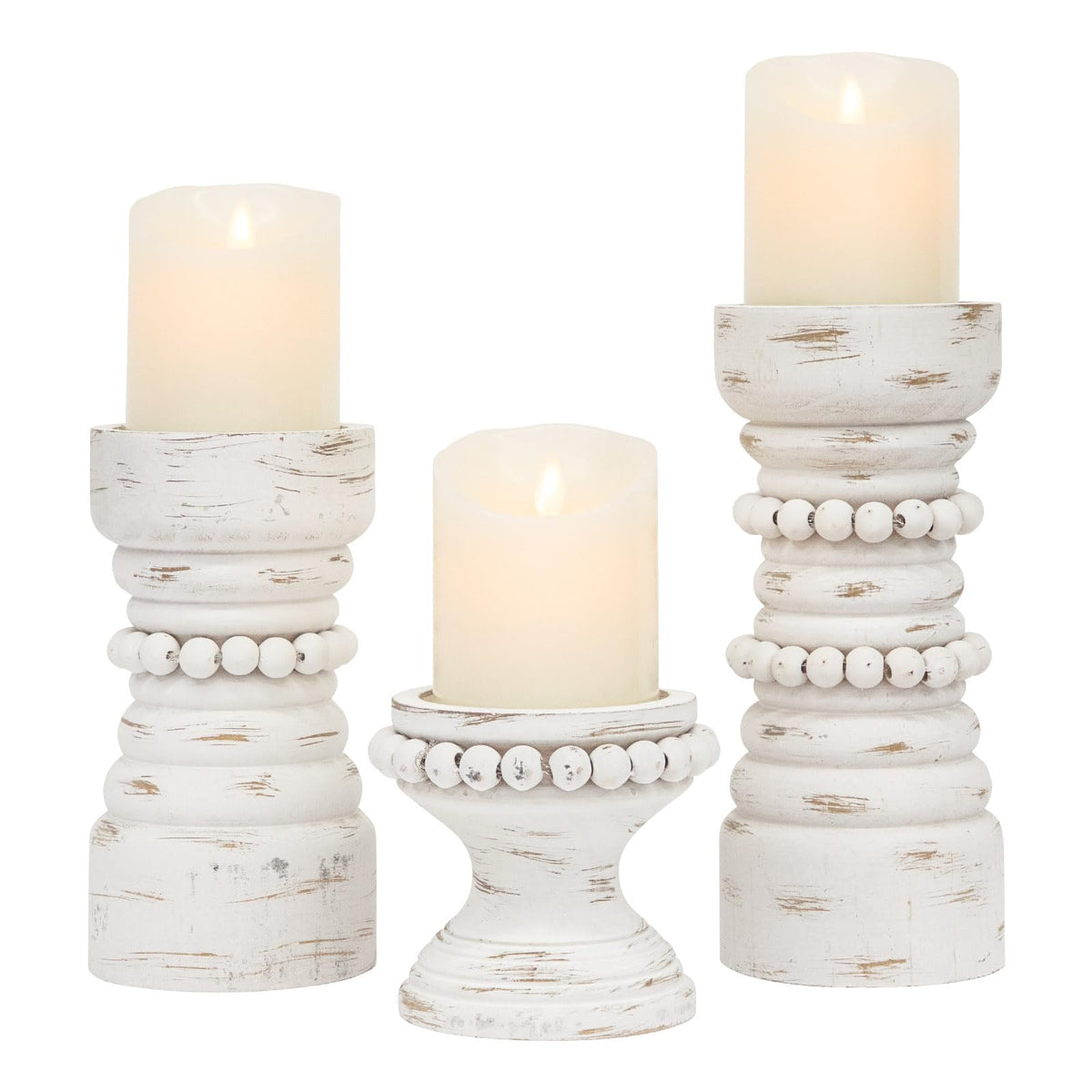 MODE HOME Rustic White Wood Candle Holders Set of 3, Farmhouse Beaded Wood Pillar Candle Holder, Candle Holders for Pillar Candles & Candlesticks, Candle Sticks Holder Decor for Table Centerpiece