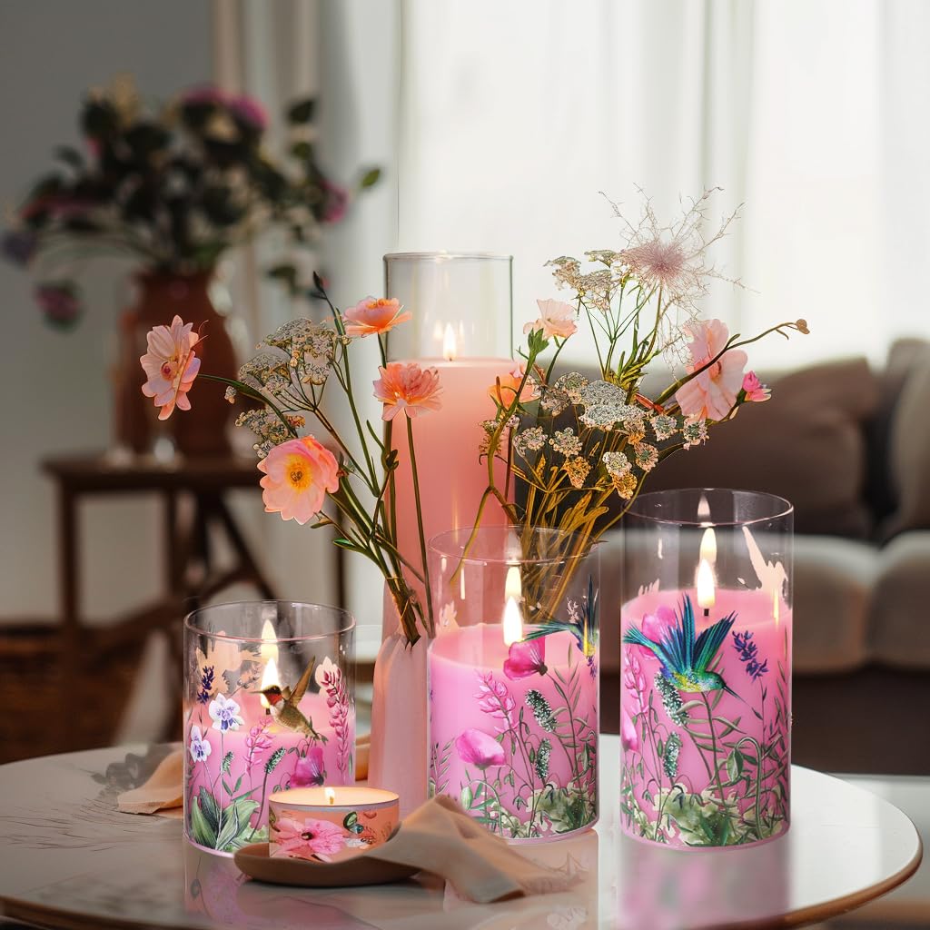 Eywamage Pink Hummingbird Floral Glass Flameless Candles with Remote, Flickering Battery LED Pillar Candles Set of 3, Spring Home Decor