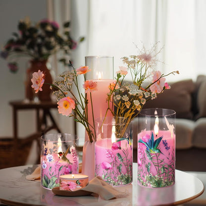Eywamage Pink Hummingbird Floral Glass Flameless Candles with Remote, Flickering Battery LED Pillar Candles Set of 3, Spring Home Decor