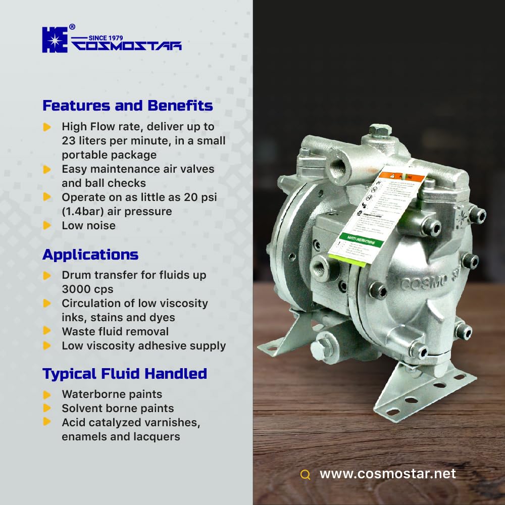 COSMOSTAR D0902 3/8" Double Air Diaphragm Pump, Aluminum Body, Teflon Ball, seat and Diaphragm, Pump Muffler, Pump, Chemical Pump, Waste Oil Pump, Pneumatic Oil Pump, Diaphragm Pumps