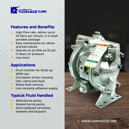 COSMOSTAR D0902 3/8" Double Air Diaphragm Pump, Aluminum Body, Teflon Ball, seat and Diaphragm, Pump Muffler, Pump, Chemical Pump, Waste Oil Pump, Pneumatic Oil Pump, Diaphragm Pumps