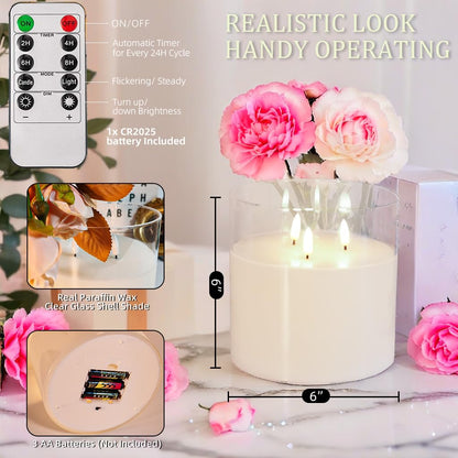 NICEME Extra Large 3 Wick Battery Operated Candle, 6"x6" Big Clear Glass Flameless Candles with Remote, Real Wax Flickering Led Pillar Fake Giant Candle for Wedding Party Holiday Home Decor, White