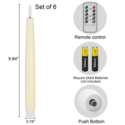 GenSwin Flameless Taper Candles with Remote, Ivory LED Taper Candles Battery Operated, Real Wax Flameless Candlesticks with 3D Wick for Home Halloween Christmas Decor(Set of 6, 0.78” x 9.84”)