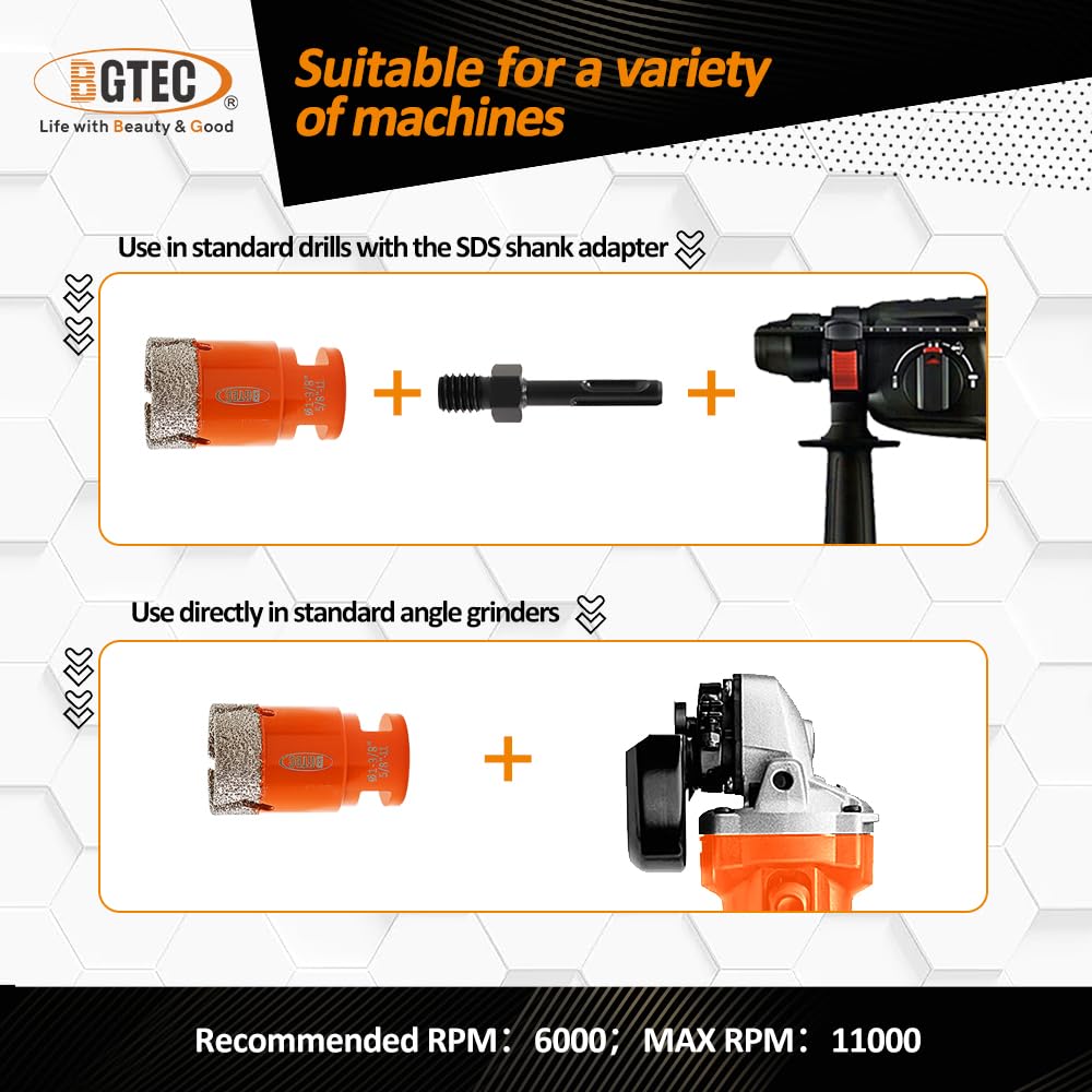 BGTEC Diamond Hole Saw Kit - 8PCS 25/35/50/75/100mm Core Bit + 20mm Finger Bit + 50mm Chamfer Bit + SDS Adapter for Porcelain Tile, Ceramic, Marble, Granite