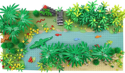 Rainforest Jungle Trees Building Blocks Bricks with 2 Base Plates (10 Inches for Each) Forest Garden Plants Flowers Bushes Animals Kit Botanical Parts Scenery Toys Compatible with Major Brands