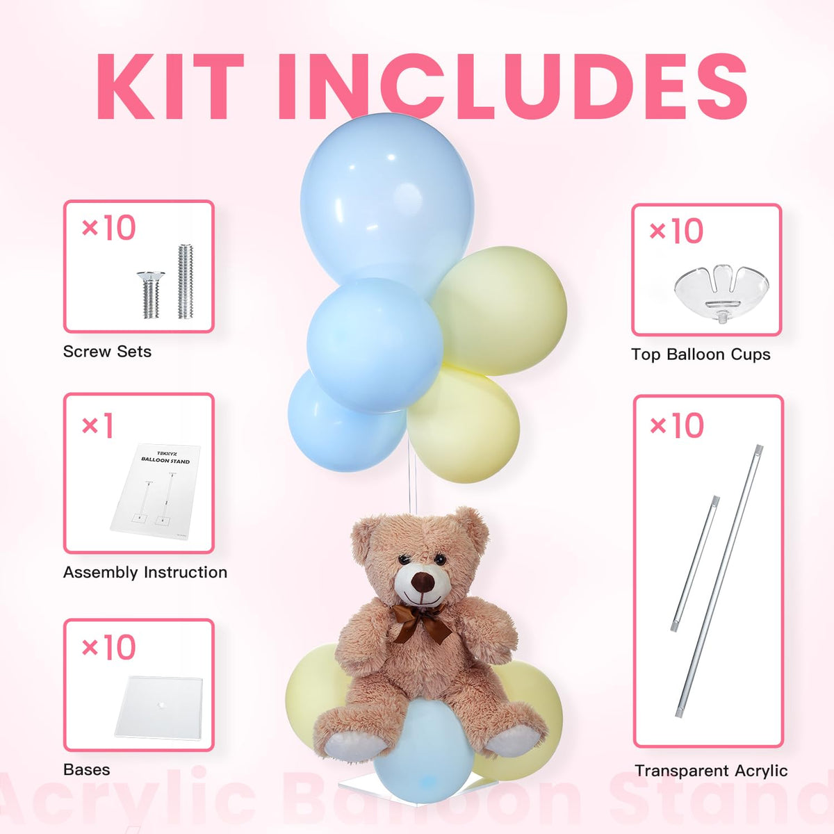 TEKXYZ Clear Acrylic Balloon Stands for Table, Adjustable Height 15.75 Inch, 23.6 Inch, 31.5 Inch Reusable Balloon centerpieces for Tables, for Wedding, Birthdays Table& Floor Decor (Set of 10)