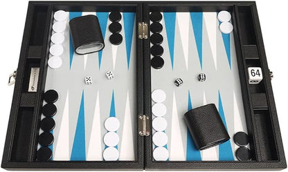 13-inch Premium Backgammon Set - Travel Size - Black Board White and Astral Blue Points