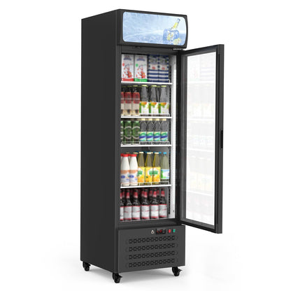 PeacefulHues 13.4 Cu.Ft Commercial Display Refrigerator,Glass Door Beverage Cooler with Adjustable Shelves,LED Lighting & Advertising Panel, Mobile Design