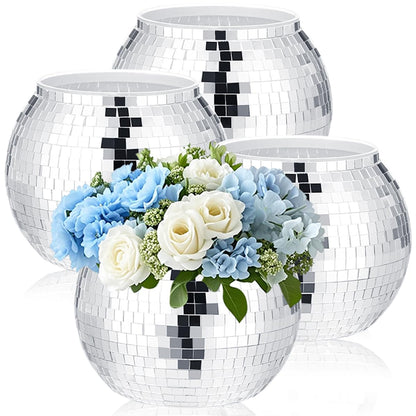 4 Pcs Disco Ball Vases,Plastic Disco Ball Centerpieces 6" X 6.7" Disco Ball Decor Silver Mirror Disco Ball Planter Can Be Used for Wedding Centerpieces,Birthday,Office