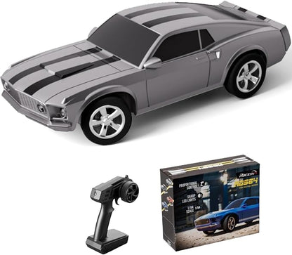 1/64 Scale Drift RC Car2.4Ghz Mini Sports CarEquipped with LED Lights and Mustang Retro Cars with Built-in GyroscopeProfessional Rear Wheel Drive30 Minute Driving Time (Silvery)
