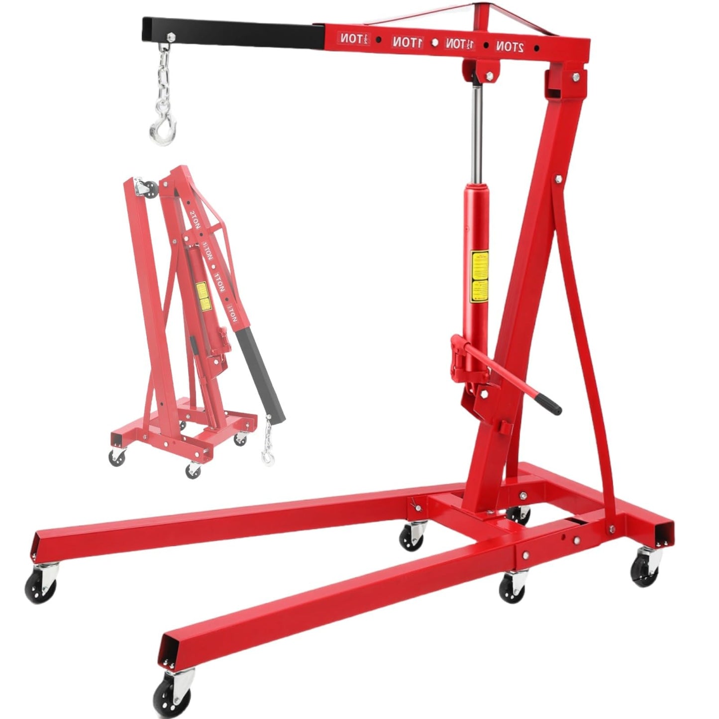 ExploreHorizon 2-Ton Folding Hydraulic Engine Hoist, Portable Engine Shop Crane with 6 Casters & Telescopic Boom, 4400 Lbs Foldable Cherry Picker Hoist Lift for Home Garage Workshop, Warehouse, Red