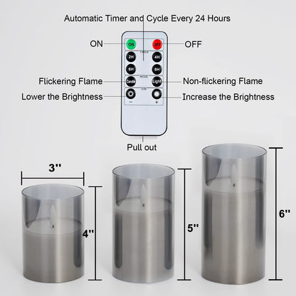 Amagic Grey Glass Flameless Candles, Halloween Battery Operated Candles, LED Pillar Candles with Remote Control and Timer, Electric Fake Candles for Holiday Spooky Decor, Wax, D3 H4 5" 6", Set of 3