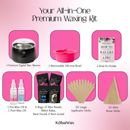 KoluaWax Premium Waxing Kit for Women - Beginner Friendly - Complete Wax Kit that includes 14oz of Wax Beads, Applicator, Pre and Post Care, Suitable for Sensitive Skin (Black) - Mothers Day Gifts