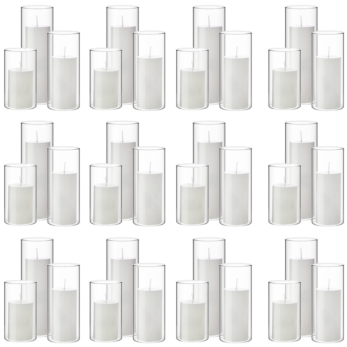 Shihanee Set of 36 Pillar Candles and Glass Cylinder Vases Clear Cylinder Holders for Slim Pillar Candles Wedding Centerpieces(2.6'' X 4.7'', 5.9'', 7.9'',White)