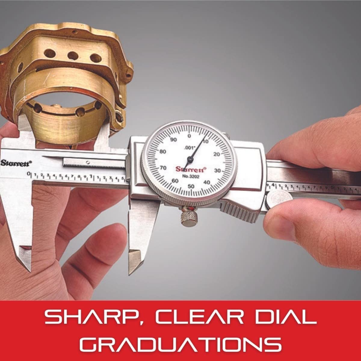 Starrett Dial Caliper with Adjustable Bezel and Fitted Case - White Face, 0-8" Range, -0.001" Accuracy, .001" Graduation - 3202-8
