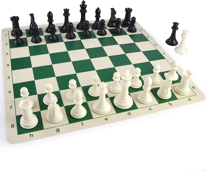 4 King Tournament Chess Set Foldable 20 Silicone Chess Board Mat with 2.2 Squares Green Color Weighted Chess Pieces- 2 Extra Queens Carrying Case for Storage and Travel