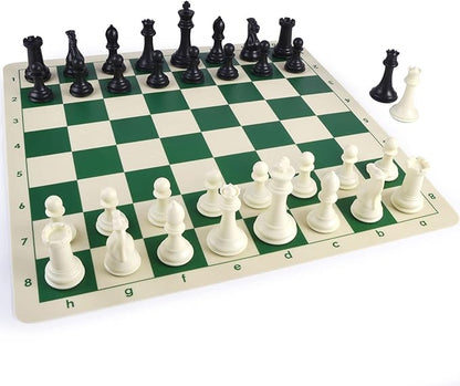 4 King Tournament Chess Set Foldable 20 Silicone Chess Board Mat with 2.2 Squares Green Color Weighted Chess Pieces- 2 Extra Queens Carrying Case for Storage and Travel