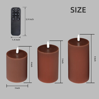 3 Pack Wax LED Flameless Candles with Remote Real Wax Battery Operated Electric Pillar Candle Set with Vertical Stripes 3D Black Wick for Home Party Wedding Decorations, Brown, D 3 x H 4/5/6 inch