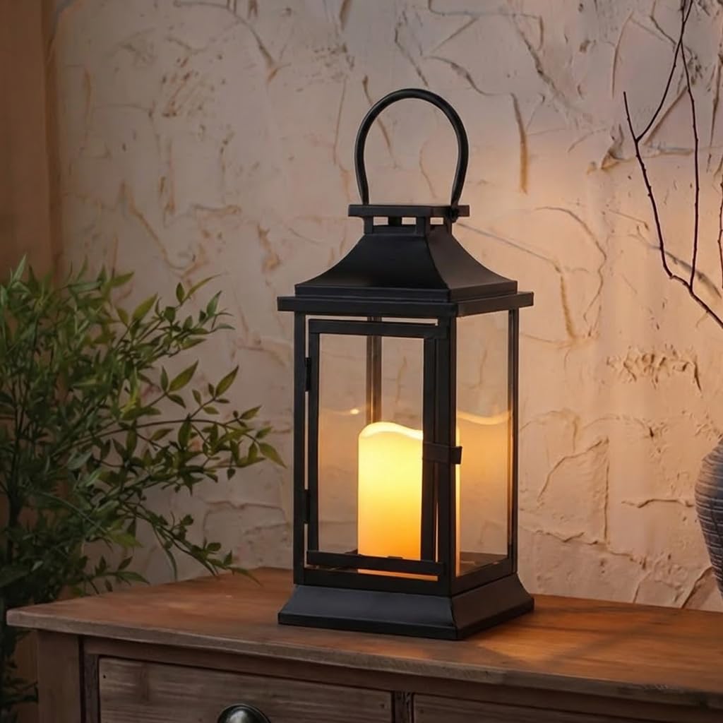TRIROCKS Metal Candle Lantern 15'' High Decorative Outdoor Lantern Hanging Lantern with Timer LED Candle for Home Decor Living Room Parties Events Tabletop Indoors Outdoors (Black)